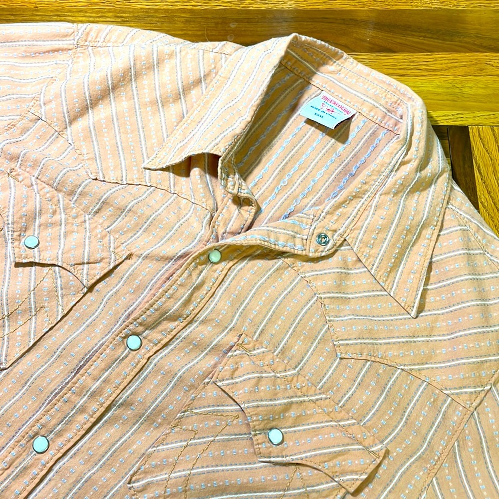 True Religion mens 3XL XXXL orange stripe western pearl snap casual shirt EUC